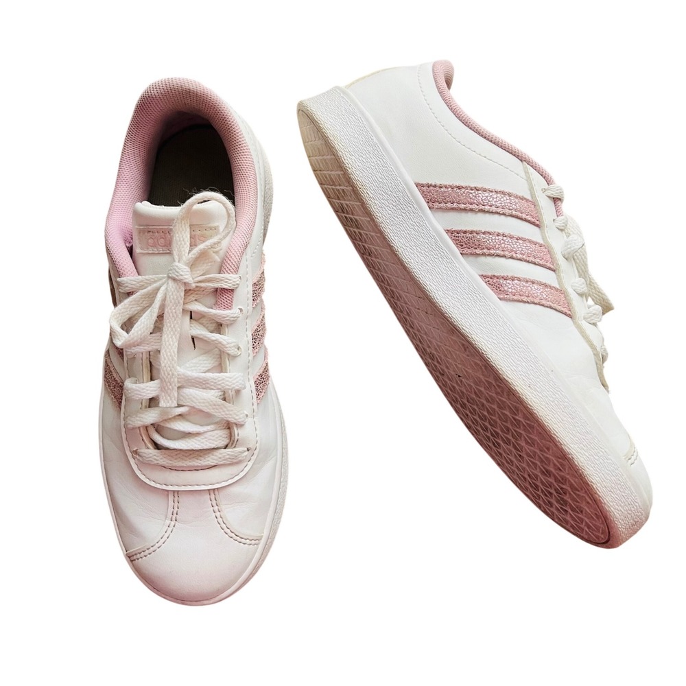 Adidas Court Shoes White Pink Glitter Stripes‎ Sneakers Kids Size 3